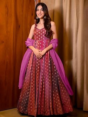 Vivid Auburn Airtex Chinon Heavy Digital Printed Fully Flared Anarkali Style Festival Wear Gown With Dupatta