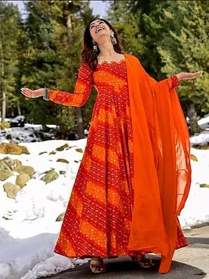 Chili-Pepper Digital Printed Fully Flared Anarkali Style Festival Wear Heavy Rayon Gown With Dupatta