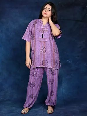 Aster-Purple Co-Ord Set with Block Printed Hindu Religious Symbols and Front Pocket