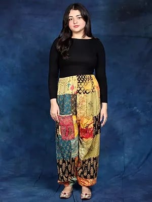 Pure Cottom Multicolor Printed Patchwork Trouser with Elastic Waist and Bottom