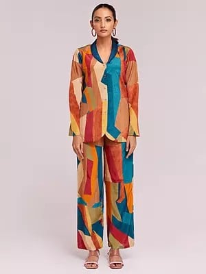 Multicolor Crepe Printed Blazer And Pant Co-Ord Set For Casual Occasion