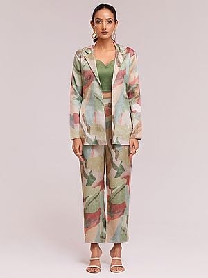 Modal Satin Abstract Printed Designer Blazer And Trouser Co-Ord Set For Party Occasion