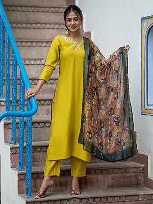 Dark-Yellow Chanderi Silk Embroidery And Sequins Work Kurta With Bottom And Organza Dupatta