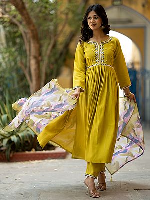 Golden-Dream Viscose Chanderi Embroidery Work Festive Wear Kurta With Bottom And Organza Dupatta