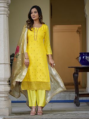 Banana-Yellow Printed And Thread Work Viscose Organza Kurta With Bottom And Jacquard Silk Dupatta