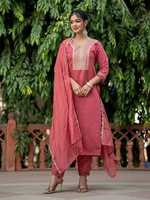 Light-Carmine-Pink Chanderi Silk Embroidery Work Festive Wear Kurta With Bottom And Silk Blend Dupatta