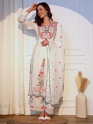 Floral-White Georgette Embroidery Work Festive Wear Kurta With Bottom And Dupatta