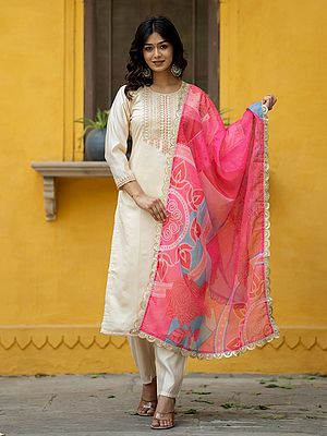 Buttery-White Embroidery Work Chanderi Silk Kurta With Bottom And Organza Printed Dupatta