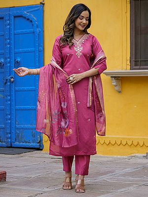 Bashful-Pink Embroidery Work Viscose Chanderi Kurta With Bottom And Attractive Printed Organza Dupatta