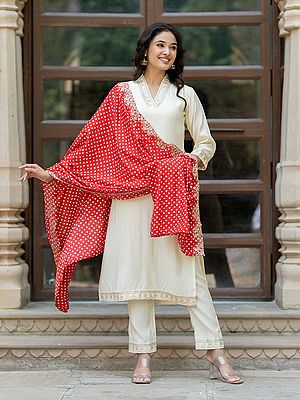 Sequins Work Chanderi Silk Attractive Festive Wear Kurta With Bottom And Silk Blend Printed Dupatta