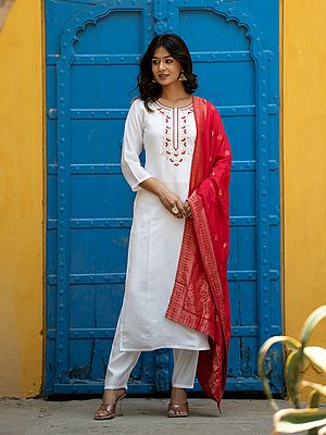 Chanderi Silk Floral Embroidery Work On Neck Festive Wear Kurta With Bottom And Attractive Dupatta