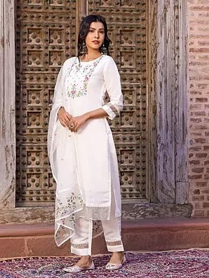 Chanderi Cotton Embroidery Work Attractive Kurta With Bottom And Organza Dupatta