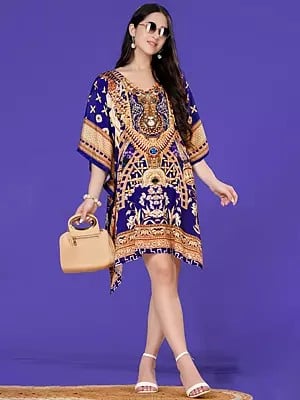 Patriot-Blue Printed V-Neck Short Kaftan with Stone work