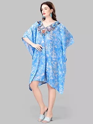 Blue-Bell Georgette V-Neck Short Kaftan with Printed Leaves