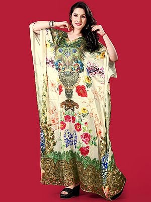 Cannoli-Cream Stone work Satin Long Kaftan with Printed Flowers and Peacock Feather
