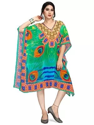 Mint-Green Georgette Short Kaftan with Printed Peacock Feather
