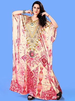 Parfait-Pink V-Neck Printed Long Kaftan with Stone work