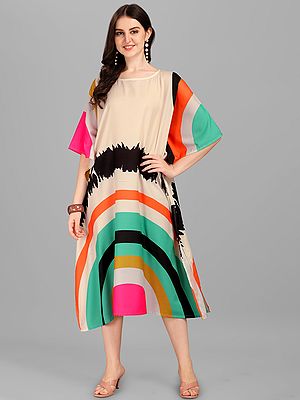 Rainbow Printed Boat Neck Rayon Midi Kaftan