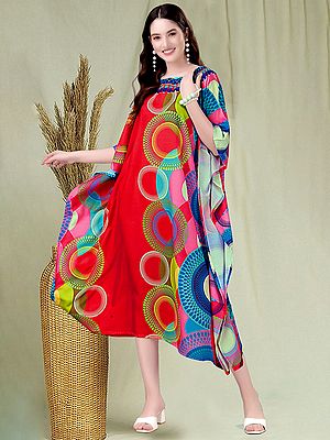 True-Red Rayon Midi Kaftan with Printed Circular Pattern