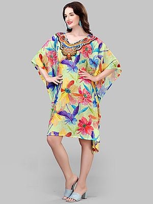 Fog-Green Georgette Floral Printed Short Kaftan