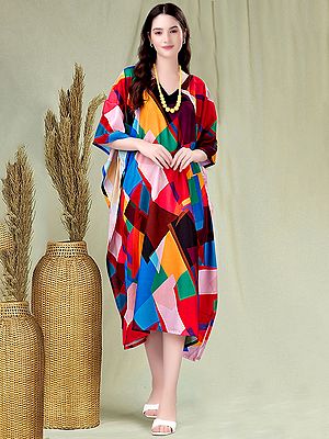 Multi-Color Geometric Pattern Print Rayon Midi Kaftan