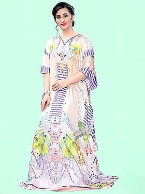 Solitary-Star Floral Printed Satin Long Kaftan with Studded Stones