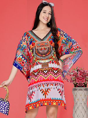 Multicolor Art Silk Stone work Short Kaftan with Internal Drawstring and Printed Motifs