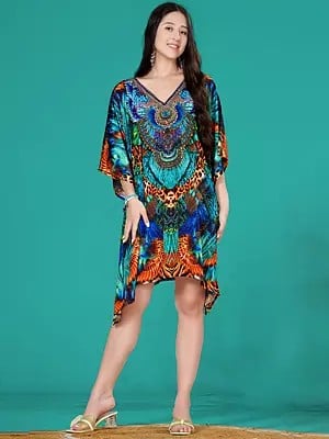 Scuba-Blue Animal Print Short Kaftan with Stone work