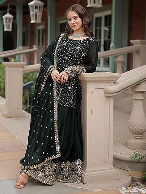 Rangoli Silk Heavy Sequins & Thread Embroidery Work Kurti Palazzo Set With Matching Dupatta