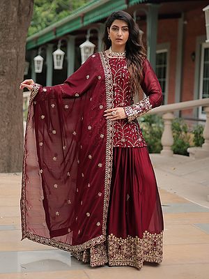 Rangoli Silk Heavy Sequins & Thread Embroidery Work Kurti Palazzo Set With Matching Dupatta