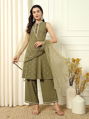 Clay-Creek Crepe Sequins Work Designer Festive Wear Kurti With Palazzo And Matching Dupatta