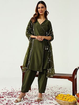 Army-Green Silk Blend Sequins Work Designer Kurti And Bottom With Dupatta For Festive Occasion