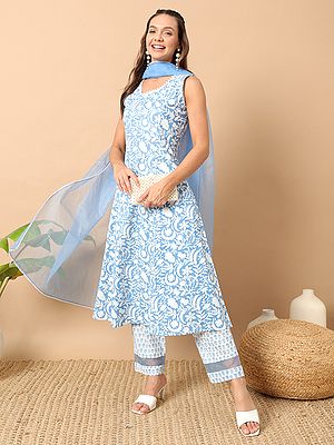 Pale-Cerulean Fancy Designer Lace Work Printed Cotton Kurta With Pant And Dupatta For Festive Occasion