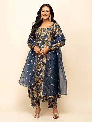 Pickled-Bluewood Floral Print All Over And Lace Work Cotton Anarkali Kurta Set With Matching Dupatta