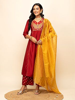 Cornell-Red Silk Blend Sequins Work Paisleys Motifs Elegant Kurta Set With Attractive Dupatta