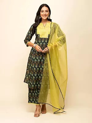 Dark-Grey Stunning Printed And Lace Work Festive Cotton Kurta And Bottom With Dupatta