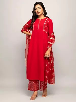 Cadmium-Red Designer Festive Wear Sequins Work Crepe Kurta With Pant And Floral Matching Dupatta