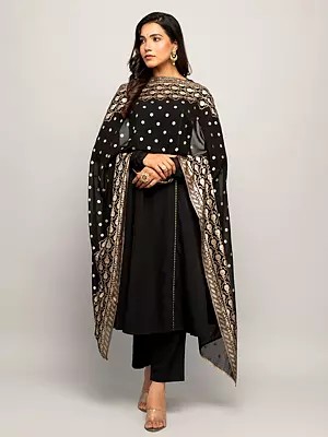 Elegant Sequins Work Anarkali Crepe Kurta With Straight Pant And Floral Matching Dupatta