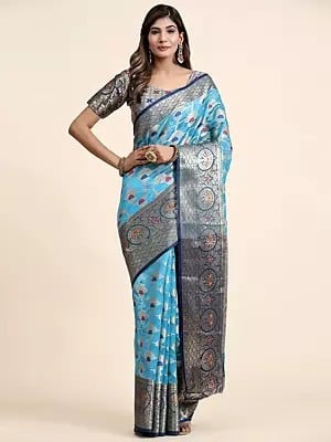 Meenakari Weaving Design Broad Border Soft Organza Silk Saree With Contrast Rich Pallu