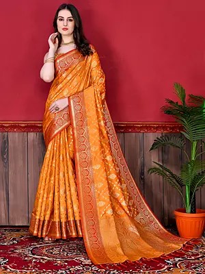 Woven Motifs All Over Soft Silk Elegant Festive Wear Saree With Contrast Tassels Pallu