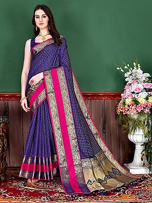 Elephant Motifs Wide Border Check Pattern Soft Kanjivaram Silk Saree With Tassels Pallu