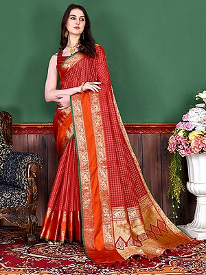 Elephant Motifs Wide Border Check Pattern Soft Kanjivaram Silk Saree With Tassels Pallu
