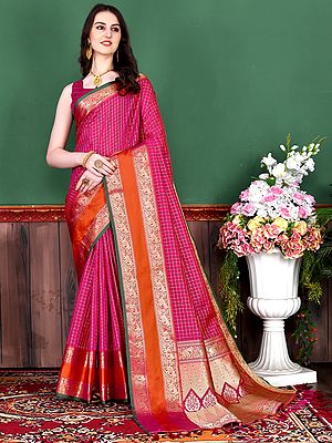 Elephant Motifs Wide Border Check Pattern Soft Kanjivaram Silk Saree With Tassels Pallu