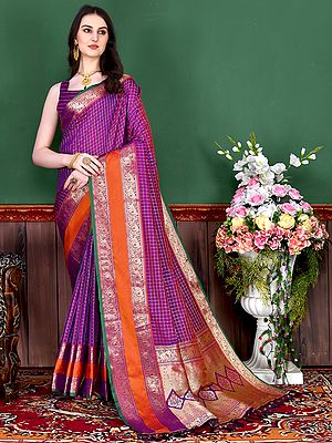 Elephant Motifs Wide Border Check Pattern Soft Kanjivaram Silk Saree With Tassels Pallu