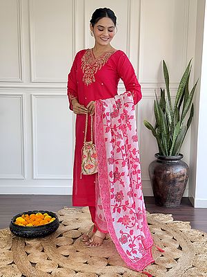 Viscose Chanderi Sequins And Embroidery Work On Neck Long Kurta With Bottom And Floral Dupatta