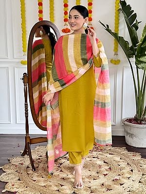 Embroidery And Sequins Work Viscose Chanderi Long Kurta With Multicolor Linen Dupatta