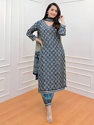 Nile-Blue Fancy All Over Digital Print Cotton Party Wear Salwar Suit With Attractive Dupatta