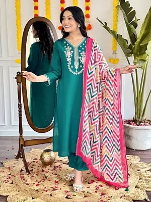 Embroidery Floral Work On Neck Attractive Viscose Chanderi Kurta With Bottom And Zig-Zag Pattern Dupatta
