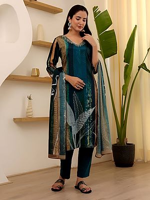 Multicolor Sequence And Embroidery Work V-Neck Attractive Kurta With Bottom And Dupatta