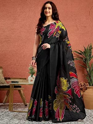 Printed Border Original Semi Gajji Silk Saree with Ajrakh Rich Pallu and Contrast Blouse